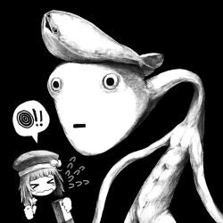 Rule 34 | !, !!, &gt; &lt;, 1girl, :|, beret, black background, blunt bangs, cashier (milk series), closed mouth, empty eyes, fish, fish on head, flying sweatdrops, from side, greyscale, hat, highres, holding, holding carton, holding tissue, horror (theme), kilsturgeon, long arms, long neck, medium hair, milk-chan (milk series), milk carton, milk inside a bag of milk inside a bag of milk, monochrome, monster, navel, open mouth, sacabambaspis, shadow, short bangs, simple background, speech bubble, spoken exclamation mark, tears, triangle mouth, wavy hair