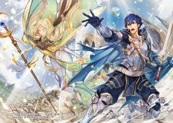 Rule 34 | 1boy, 1girl, armor, blonde hair, blue cape, blue eyes, blue hair, blue sky, brother and sister, cape, chrom (fire emblem), closed mouth, company name, copyright name, day, emmeryn (fire emblem), closed eyes, facial mark, falchion (fire emblem), fire emblem, fire emblem awakening, fire emblem cipher, forehead mark, gloves, holding, holding staff, holding sword, holding weapon, itou misei, long hair, nintendo, official art, open mouth, outdoors, short hair, siblings, sky, staff, sword, weapon