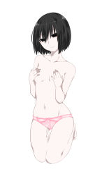Rule 34 | absurdres, black eyes, black hair, bob cut, bow, bow panties, breasts, collarbone, commentary, covering privates, covering breasts, empty eyes, full body, groin, hair between eyes, hands on own chest, head tilt, highres, kakoikaren, kneeling, light smile, looking at viewer, monogatari (series), navel, no bra, oshino ougi, panties, pink bow, pink panties, short hair, simple background, small breasts, solo, tampon string, thigh gap, topless, underwear, underwear only, white background