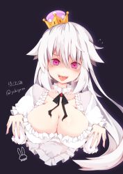 Rule 34 | 1girl, :d, blush, breasts, cleavage, collarbone, covered erect nipples, crown, dated, fingernails, highres, juliet sleeves, large breasts, long sleeves, looking at viewer, luigi&#039;s mansion, mario (series), nail polish, new super mario bros. u deluxe, nintendo, open mouth, princess king boo, puffy sleeves, purple background, purple nails, saliva, sharp teeth, smile, solo, super crown, teeth, tongue, tongue out, twitter username, upper body, white hair, yukikasa