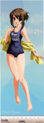 Rule 34 | 1girl, absurdres, barefoot, blush, breasts, brown hair, cleavage, ef (visual novel), feet, hayama mizuki (angel&#039;s sunday), highres, legs, long image, name tag, non-web source, official art, one-piece swimsuit, open mouth, purple eyes, school swimsuit, shouna mitsuishi, small breasts, solo, stick poster, swimsuit, tall image, toes, towel, wet