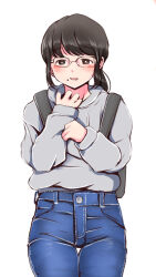 Rule 34 | 1girl, backpack, bag, black hair, blush, brown eyes, denim, glasses, grey shirt, highres, jeans, jimiko, long sleeves, looking at viewer, mole, mole under mouth, monsiurbeat2, original, pants, shirt, simple background, standing, white background