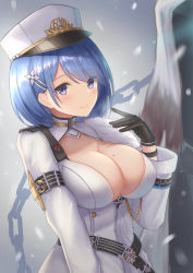 Rule 34 | 1girl, armband, azur lane, black gloves, blue eyes, blue hair, blush, breasts, chain, chapayev (azur lane), cleavage, closed mouth, coat, cowboy shot, eyes visible through hair, gloves, grey background, hair ornament, hat, jori, large breasts, long sleeves, looking at viewer, military, military hat, military uniform, mole, mole on breast, short hair, simple background, smile, snow, solo, uniform, white coat, white hat