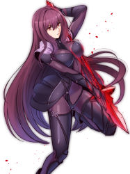 Rule 34 | 1girl, aono shimo, armor, bad id, bad pixiv id, bodysuit, breasts, fate/grand order, fate (series), female focus, highres, large breasts, long hair, pauldrons, purple bodysuit, purple hair, red eyes, scathach (fate), scathach (fate), shoulder armor, simple background, solo, standing, standing on one leg, white background