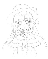 Rule 34 | .live, 1girl, absurdres, animal ears, bell, blush, capelet, closed mouth, cropped torso, dress, enkyo yuuichirou, flower, fur-trimmed capelet, fur trim, greyscale, hat, high collar, highres, long hair, looking at viewer, merry milk, monochrome, rose, smile, solo, upper body, v arms, very long hair, virtual youtuber