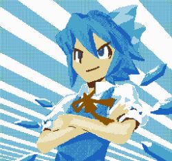 Rule 34 | &gt;:), 1girl, bare arms, blue bow, blue eyes, blue hair, blue shirt, blue theme, bow, brown ribbon, cirno, closed mouth, collared shirt, detached wings, diamond (shape), facing away, fairy, flat chest, game console, hair between eyes, hair bow, ice, ice wings, kaztah, looking away, nes, no eyebrows, pixel art, popped collar, puffy short sleeves, puffy sleeves, ribbon, ringed eyes, shirt, short hair, short sleeves, solo, standing, touhou, undershirt, upper body, v-shaped eyebrows, white shirt, wind, wings