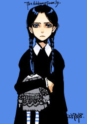 Rule 34 | 1girl, addams family, artist request, black hair, blue background, braid, doll, dress, expressionless, lips, simple background, solo, standing, twin braids, wednesday addams