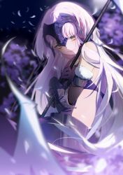 Rule 34 | 1girl, armor, armored dress, bare shoulders, black gloves, closed mouth, commentary request, falling feathers, fate/grand order, fate (series), feathers, fur-trimmed sleeves, fur trim, gauntlets, gloves, headpiece, highres, holding, holding staff, holding weapon, jeanne d&#039;arc (fate), jeanne d&#039;arc alter (avenger) (fate), jeanne d&#039;arc alter (avenger) (third ascension) (fate), jeanne d&#039;arc alter (fate), long hair, looking at viewer, silver hair, smile, staff, very long hair, weapon, yellow eyes, zhibuji loom