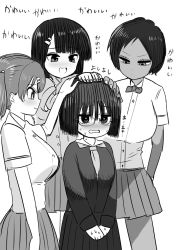 Rule 34 | black hair, blush, bob cut, breasts, brown eyes, commentary, glasses, greyscale, headpat, highres, large breasts, monochrome, sweat, nervous sweating, translated, zurikishi