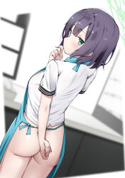 Rule 34 | 1girl, absurdres, angel&#039;s 24 uniform (blue archive), apron, arm behind back, ass, blue apron, blue archive, blush, bottomless, breasts, highres, indoors, komasi, looking at viewer, looking back, medium breasts, official alternate costume, saki (blue archive), shirt, short sleeves, solo, white shirt