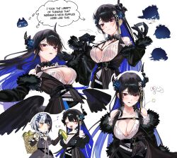 Rule 34 | 2girls, :q, absurdres, afterimage, arrow (symbol), asymmetrical horns, bare shoulders, belt, black belt, black dress, black flower, black gloves, black hair, black horns, black jacket, black skirt, black wings, blue hair, blush, breasts, chest strap, clothing cutout, colored inner hair, commentary, corn cob, cropped torso, demon horns, dress, dress shirt, eighth note, english text, fanning self, feather-trimmed jacket, feathered wings, floating hair, flower, food, gloves, grey hair, hair ornament, highres, hololive, hololive english, horn flower, horns, jacket, jailbird (nerissa ravencroft), large breasts, long hair, long sleeves, looking at viewer, low wings, mole, mole under eye, multicolored hair, multiple girls, multiple views, musical note, nerissa ravencroft, nerissa ravencroft (1st costume), open mouth, parted lips, partially unbuttoned, popcorn, puckered lips, red eyes, ribbed shirt, shiori novella, shiori novella (1st costume), shirt, shoulder cutout, skirt, smile, speed lines, split-color hair, steaming body, striped arm warmers, sweat, sweaty clothes, symbol-only commentary, tassel, tassel hair ornament, thought bubble, tongue, tongue out, two-tone hair, underbust, uneven horns, very long hair, virtual youtuber, whistling, white background, white shirt, wings, yellow eyes, yomosaka