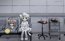 Rule 34 | 2girls, absurdres, alternate costume, bell, blue sailor collar, blue skirt, blush, boots, brown eyes, brown hair, cat tail, closed mouth, commentary, creature, dejiko, di gi charat, dress, eating, english commentary, food, gema, gloves, green eyes, green hair, green neckerchief, hair bell, hair bobbles, hair ornament, hands on lap, hat, highres, holding, holding food, hospital, indoors, jingle bell, knee boots, long sleeves, looking at viewer, looking to the side, low twintails, medicine, morizo (morizoshop), multiple girls, neckerchief, nurse cap, on chair, onigiri, pill bottle, pleated skirt, puchiko, puffy short sleeves, puffy sleeves, pushcart, sailor collar, school uniform, serafuku, shirt, short sleeves, side-by-side, sitting, skirt, tail, tiger hat, tiger tail, tile wall, tiles, twintails, white dress, white footwear, white gloves, white shirt