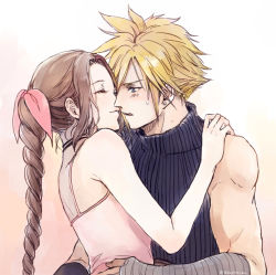 Rule 34 | 1boy, 1girl, aerith gainsborough, ancotsubu, bandaged arm, bandages, bare arms, bare shoulders, blonde hair, blue shirt, blush, braid, braided ponytail, brown hair, choker, closed eyes, cloud strife, dress, earrings, final fantasy, final fantasy vii, final fantasy vii remake, hair ribbon, hand on another&#039;s hip, hand on another&#039;s shoulder, highres, imminent kiss, jewelry, long hair, looking at another, parted bangs, parted lips, pink dress, pink ribbon, ribbon, ribbon choker, shirt, short hair, sidelocks, single earring, sleeveless, sleeveless dress, sleeveless turtleneck, smile, spiked hair, sweatdrop, toned, toned male, turtleneck, upper body