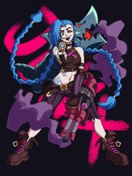 Rule 34 | 1girl, aiming, aiming at viewer, arcane: league of legends, arcane jinx, blue hair, boots, braid, breasts, brown footwear, commentary, crop top, dual wielding, english commentary, fingerless gloves, full body, gatling gun, gloves, gun, half-closed eyes, highres, holding, holding gun, holding weapon, jinx (league of legends), league of legends, long hair, medium breasts, open mouth, pants, purple eyes, smile, smoke, solo, striped clothes, striped pants, tina fate, twin braids, vertical-striped clothes, vertical-striped pants, very long hair, weapon