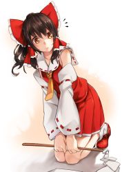 Rule 34 | 1girl, asutora, blush, bow, brown hair, closed mouth, detached sleeves, gohei, hair bow, hair tubes, hakurei reimu, highres, kneeling, long sleeves, looking at viewer, necktie, notice lines, pleated skirt, red bow, red footwear, red skirt, red vest, sailor collar, shoes, skirt, socks, solo, touhou, vest, white sailor collar, white socks, yellow eyes, yellow necktie
