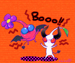 Rule 34 | artist name, black horns, black wings, blue eyes, colored skin, commentary, demon horns, demon tail, demon wings, ebibom, english text, flower, halloween, halloween costume, horns, leaf, nintendo, no humans, no mouth, orange background, outstretched arms, pikmin (creature), pikmin (series), pink skin, purple flower, shadow, signature, solid circle eyes, straight-on, striped, striped background, tail, white pikmin, white skin, winged pikmin, wings