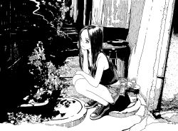 Rule 34 | 1girl, camisole, cigarette, emanon (character), greyscale, highres, kokudou juunigou, long hair, looking at viewer, memories of emanon, monochrome, outdoors, plant, potted plant, short shorts, shorts, solo, squatting