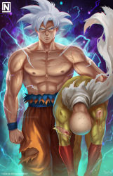 Rule 34 | 2boys, abs, angry, artist logo, bald, bare arms, bare shoulders, blood, blood on clothes, cape, carrying, carrying under arm, clenched hand, closed mouth, commentary, crossover, dragon ball, exposed muscle, gloves, highres, looking at viewer, male focus, midriff, multiple boys, muscular, nipples, nopeys, one-punch man, orange pants, pants, patreon logo, patreon username, red gloves, saitama (one-punch man), saiyan, signature, son goku, spiked hair, standing, torn clothes, watermark, web address, white cape, white hair, wristband