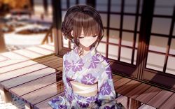 Rule 34 | 1girl, atha (leejuiping), blunt bangs, blurry, blurry background, brown hair, building, facing viewer, highres, japanese clothes, kimono, looking to the side, original, purple eyes, short hair, sitting, solo, yukata