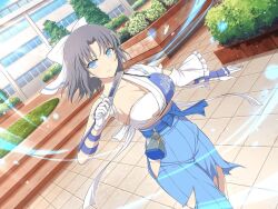 Rule 34 | 1girl, armor, bare shoulders, belt pouch, blue bow, blue eyes, blue hakama, blue sky, blush, bow, breasts, bush, chain-link fence, cleavage, cloud, collarbone, cryokinesis, day, energy, fence, folded fan, folding fan, frilled kimono, frills, gloves, grey hair, hair bow, hakama, hand fan, ice, ice shard, japanese armor, japanese clothes, kimono, kote, large breasts, looking at viewer, muneate, official alternate costume, official art, outdoors, pouch, school, senran kagura, senran kagura new link, senran kagura shinovi versus, short hair, sky, smile, solo, standing, torn clothes, torn hakama, torn kimono, tree, white bow, white gloves, window, yaegashi nan, yumi (senran kagura)