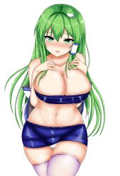 Rule 34 | 1girl, absurdres, alternate costume, bandeau, bare shoulders, blue skirt, blush, breasts, cleavage, collarbone, commentary request, cowboy shot, detached sleeves, frog hair ornament, green eyes, green hair, hair between eyes, hair ornament, hair tubes, hands on own chest, highleg, highleg panties, highres, huge breasts, isshin (sasayamakids), kochiya sanae, long hair, looking at viewer, microskirt, midriff, navel, nose blush, open mouth, panties, pantyshot, pencil skirt, sidelocks, simple background, skindentation, skirt, skirt set, solo, standing, stomach, strapless, thighhighs, thighs, touhou, tube top, underwear, very long hair, white background, white panties, white thighhighs, wide sleeves
