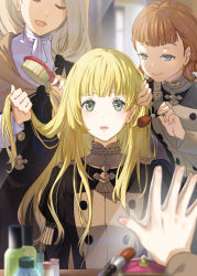 Rule 34 | 3girls, annette fantine dominic, applying makeup, asao (vc), blonde hair, blue eyes, blurry, bottle, breasts, brushing another&#039;s hair, brushing hair, closed eyes, day, depth of field, eyelashes, female pov, fire emblem, fire emblem: three houses, garreg mach monastery uniform, green eyes, hair brush, hair ribbon, half-closed eyes, hand in another&#039;s hair, highres, indoors, ingrid brandl galatea, lips, long hair, looking at viewer, makeup brush, medium hair, mercedes von martritz, mirror, multiple girls, nintendo, open mouth, orange hair, outstretched hand, perfume bottle, pov, reflection, ribbon, small breasts, smile, straight hair, tress ribbon, upper body, window