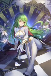Rule 34 | 1girl, boots, breasts, c.c., chess piece, chessboard, code geass, flower, gloves, green hair, high heels, highres, lily (flower), long hair, looking at viewer, petals, sitting, smile, solo, thigh boots, thighhighs, white footwear, white gloves, white thighhighs, yellow eyes, yuangungun xiaodupi