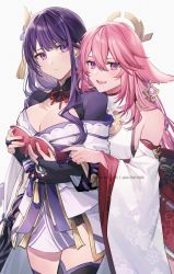 Rule 34 | 2girls, bare shoulders, blush, breasts, couple, coyucom, genshin impact, hair between eyes, hair ornament, happy, highres, japanese clothes, kimono, long hair, looking at viewer, multiple girls, open mouth, over shoulder, pink hair, pointing, purple eyes, purple hair, raiden shogun, reading, smile, standing, thighhighs, thighs, yae miko, yuri