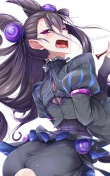 Rule 34 | 1girl, ass, black dress, breasts, double bun, dress, fate/grand order, fate (series), hair bun, hair ornament, juliet sleeves, large breasts, long hair, long sleeves, looking at viewer, looking back, murasaki shikibu (fate), open mouth, puff and slash sleeves, puffy sleeves, purple eyes, purple hair, solo, torichamaru, two side up, very long hair, wide sleeves