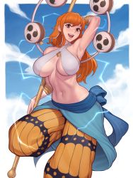 Rule 34 | 1girl, armpits, asura (asurauser), belt, blue belt, border, breasts, cloud, cosplay, earrings, enel, enel (cosplay), highres, holding, holding staff, jewelry, large breasts, lightning, long hair, mitsudomoe (shape), nami (one piece), navel, one piece, open mouth, orange hair, pants, sky, smile, solo, staff, standing, standing on one leg, tomoe (symbol), white border