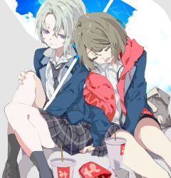 Rule 34 | 2girls, blonde hair, blue eyes, blue jacket, brown hair, closed eyes, cup, drooling, food, french fries, grey neckwear, hand on own knee, head on another&#039;s shoulder, highres, holding, holding umbrella, hood, hoodie, hoshino riya, iwanaga shizu, jacket, multiple girls, na ta53, necktie, open mouth, plaid, plaid skirt, project cold, red hoodie, school uniform, shirt, short hair, sitting, skirt, smile, umbrella, white shirt