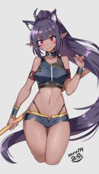 Rule 34 | 1girl, ahoge, animal ear fluff, animal ears, artist name, black shorts, blunt bangs, blush, borrowed character, breasts, cat ears, character request, closed mouth, collar, dark-skinned female, dark skin, dungeon and fighter, grey background, head tilt, highres, holding, holding polearm, holding weapon, long hair, looking at viewer, medium breasts, midriff, nail polish, navel, pointy ears, polearm, ponytail, purple hair, purple nails, red eyes, serin199, short shorts, shorts, simple background, smile, solo, sports bra, very long hair, weapon