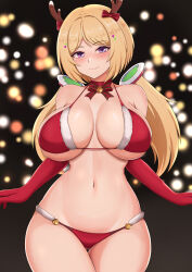 Rule 34 | 1girl, aki rosenthal, bare shoulders, bikini, blonde hair, blush, breasts, closed mouth, collarbone, elbow gloves, gloves, highres, hololive, large breasts, long hair, looking at viewer, low twintails, navel, purple eyes, red bikini, red gloves, santa costume, sleeptopi, smile, solo, swimsuit, twintails, virtual youtuber