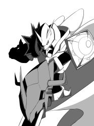 Rule 34 | bad id, bad pixiv id, cape, digimon, digimon (creature), digimon adventure, greyscale, highres, kiyomasa f, monochrome, no humans, omegamon, silhouette, simple background, solo, spikes, sword, weapon, white background
