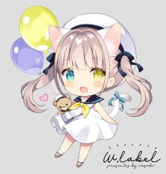 Rule 34 | 1girl, :d, animal ears, bag, balloon, beret, black sailor collar, breasts, brown footwear, brown hair, cat ears, cat girl, cat tail, chibi, dress, fang, green eyes, grey background, hat, heart, heterochromia, long hair, looking at viewer, neckerchief, open mouth, original, sailor collar, sailor dress, shoes, shoulder bag, signature, simple background, sleeveless, sleeveless dress, small breasts, smile, solo, stuffed animal, stuffed toy, tail, teddy bear, twintails, wasabi (sekai), white dress, white hat, yellow eyes, yellow neckerchief