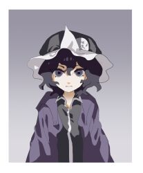 Rule 34 | 1other, androgynous, black eyes, black hair, black hat, black shirt, closed mouth, collared shirt, commentary request, favnvs (s910a ib6), hat, jacket, len&#039;en, looking at viewer, open clothes, open collar, open jacket, other focus, purple jacket, shirt, shitodo kuroji, short hair, solo, upper body