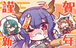 Rule 34 | +++, 3girls, :d, absurdres, arknights, benizika, black gloves, black headwear, blue hair, blush, breasts, brown hair, ch&#039;en (arknights), chibi, clenched teeth, closed eyes, commentary request, dragon horns, egasumi, facepaint, fang, folding fan, gloves, green hair, grey kimono, hagoita, hair between eyes, hand fan, highres, holding, holding fan, holding paintbrush, horns, hoshiguma (arknights), japanese clothes, kimono, long hair, medium breasts, multicolored hair, multiple girls, nose blush, obi, open mouth, outline, paddle, paintbrush, parted bangs, pointing, red hair, red kimono, sash, single horn, smile, squiggle, streaked hair, swire (arknights), tears, teeth, twitter username, white outline