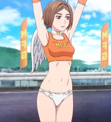 Rule 34 | 1girl, absurdres, breasts, choker, cleavage, collar, heart, heart choker, highres, medium breasts, mf ghost, navel, official art, panties, race queen, saionji ren, screencap, small breasts, solo, stitched, tank top, third-party edit, underwear, wings