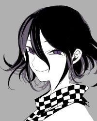 Rule 34 | 1boy, blouse, checkered clothes, checkered scarf, closed mouth, colored skin, danganronpa (series), danganronpa v3: killing harmony, from side, grey background, hair between eyes, highres, looking at viewer, looking to the side, male focus, messy hair, oma kokichi, portrait, purple eyes, ringed eyes, scarf, shirt, short hair, simple background, smile, solo, takashi (onikukku), white shirt, white skin