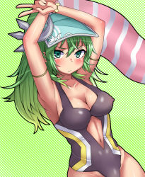 Rule 34 | 1girl, armpits, arms up, artemis (p&amp;d), bad id, bad pixiv id, breasts, center opening, cleavage, green eyes, green hair, kukkumann, long hair, navel, one-piece swimsuit, ponytail, puzzle &amp; dragons, solo, swimsuit, v