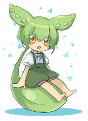 Rule 34 | 1girl, :3, absurdly long hair, barefoot, commentary request, flat chest, frilled sleeves, frills, full body, green hair, green shorts, green suspenders, hair between eyes, long hair, looking at viewer, nahori (hotbeans), open mouth, personification, puffy short sleeves, puffy sleeves, shirt, short sleeves, shorts, sitting, sitting on hair, smile, solo, suspender shorts, suspenders, very long hair, voicevox, white background, white shirt, yellow eyes, zundamon