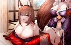 Rule 34 | 2girls, absurdres, amagi (azur lane), ass, azur lane, bent over, black panties, blush, breasts, brown hair, brown tail, butt crack, cleavage, coat, head out of frame, highres, huge breasts, indoors, japanese clothes, kimono, kitsune, large tail, long hair, looking back, multiple girls, panties, purple eyes, purple kimono, red coat, samip, shinano (azur lane), side-tie panties, string panties, tail, underwear, white hair, wooden floor