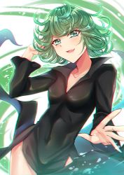 Rule 34 | 1girl, absurdres, black dress, blush, breasts, collarbone, commentary request, curly hair, dress, floating hair, green eyes, green hair, gu li, highres, looking at viewer, navel, one-punch man, short hair, small breasts, smile, solo, tatsumaki