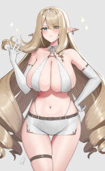 Rule 34 | 1girl, aqua eyes, bare shoulders, belly, blonde hair, blush, breasts, cleavage, collarbone, diadem, earrings, elbow gloves, elf, gloves, hayabusa, highres, jewelry, large breasts, long hair, looking at viewer, mole, mole on breast, mole under eye, navel, original, pointy ears, revealing clothes, solo, sparkle, thigh strap, thighs