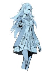 Rule 34 | 1girl, ascot, blue theme, braid, closed mouth, cowboy shot, dress, fate/grand order, fate (series), highres, long hair, long sleeves, looking at viewer, monochrome, olga marie animusphere, reaching, reaching towards viewer, simple background, sketch, skirt, solo, standing, treeware, white background