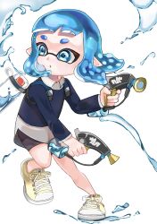 Rule 34 | 1girl, bike shorts, blue eyes, blue hair, commentary request, cross-laced footwear, dual wielding, full body, gun, highres, holding, holding gun, holding weapon, ink tank (splatoon), inkling, inkling girl, inkling player character, medium hair, negi kobito, nintendo, open mouth, pointy ears, shoes, simple background, solo, splat dualies (splatoon), splatoon (series), splatoon 2, tentacle hair, thick eyebrows, weapon, white background, yellow footwear