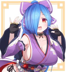 Rule 34 | .live, 1girl, blue hair, bow, breasts, cleavage, collarbone, commentary request, detached sleeves, drias, fingerless gloves, gloves, hair bow, hair over one eye, highres, japanese clothes, long hair, open mouth, portrait, red eyes, simple background, solo, virtual youtuber, yamato iori