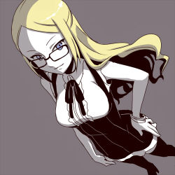 1girl black_dress black_legwear blonde_hair blue_eyes bracelet breasts dress glasses hand_on_own_hip jewelry konishi_mitsuki long_hair lowres subarashiki_kono_sekai