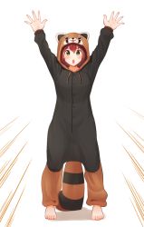 Rule 34 | 1girl, animal costume, arms up, barefoot, blush, emphasis lines, full body, hair ornament, hairclip, idolmaster, idolmaster million live!, kamille (vcx68), kasuga mirai, long sleeves, looking at viewer, red hair, short hair, simple background, solo, standing, tanuki costume, v-shaped eyebrows, white background, yellow eyes