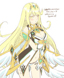 Rule 34 | 1girl, bad id, bad pixiv id, blonde hair, breasts, chest jewel, cleavage, cleavage cutout, clothing cutout, dress, highres, large breasts, long hair, lowleg, lowleg panties, mythra (xenoblade), mythra (xenoblade) (prototype), panties, prototype design, shiroxai, short dress, swept bangs, tiara, underwear, very long hair, white dress, xenoblade chronicles (series), xenoblade chronicles 2, yellow eyes